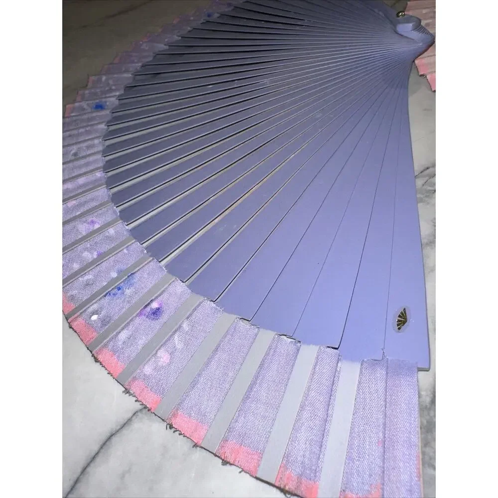 2 Vintage‎ Handpainted Wooden Foldable Hand Fans Pink Purple Flowers 17x9 Asian